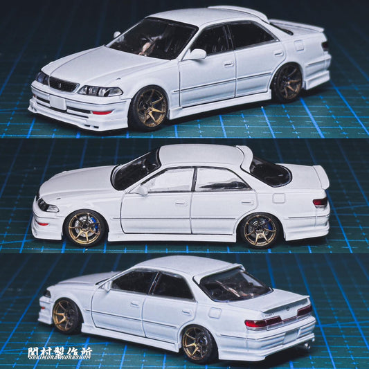 White JZX100 Mark2 bodykit sedan model, front side and rear views with aftermarket wheels