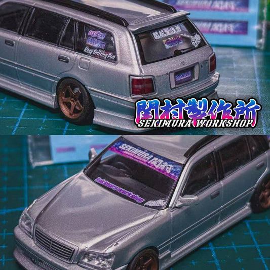 Sekimura 1/64 decal set on gray model wagon, front and rear views