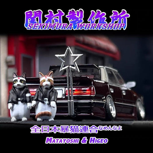 Two cat figurines in black-and-gray outfits beside a miniature black vehicle