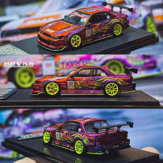 Nissan S13 model car body with orange hood and neon yellow wheels on base