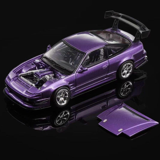 Purple 1/64 scale sports car model, open hood showing engine details