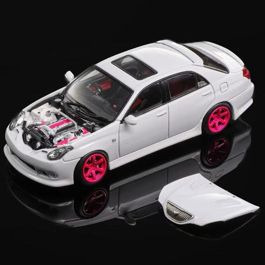 White 1/64 die-cast sports car model with pink wheels, hood open engine detail