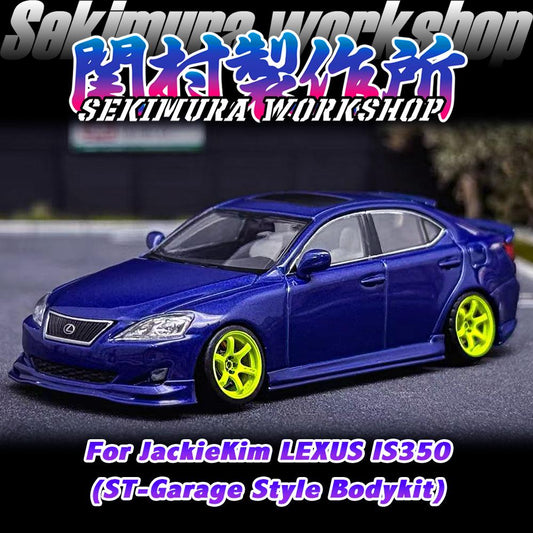 Blue Lexus IS350-style bodykit car with front lip and bright neon wheels, front 3/4 view