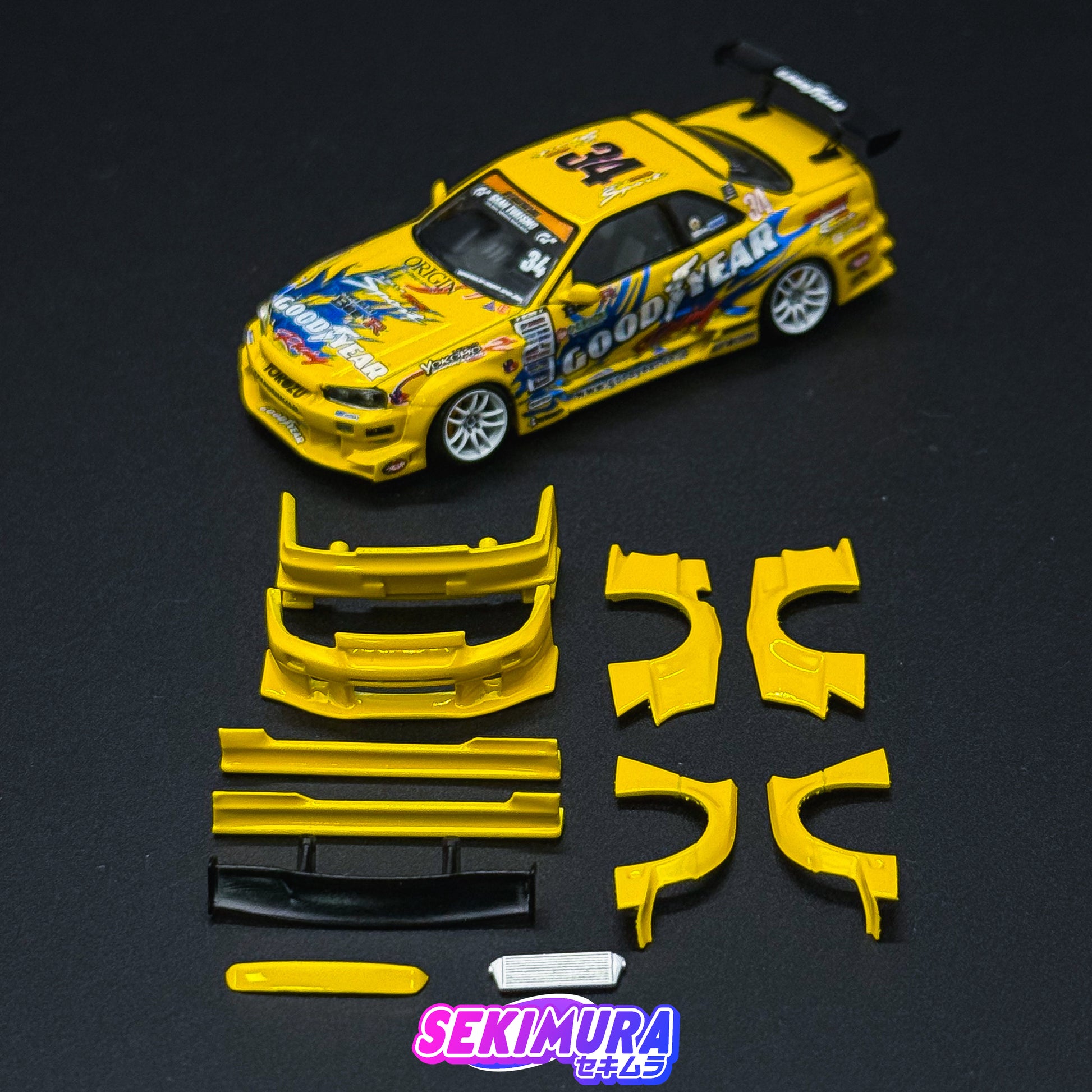 Yellow ER34 2-door body kit parts set with front bumper, skirts, and rear pieces