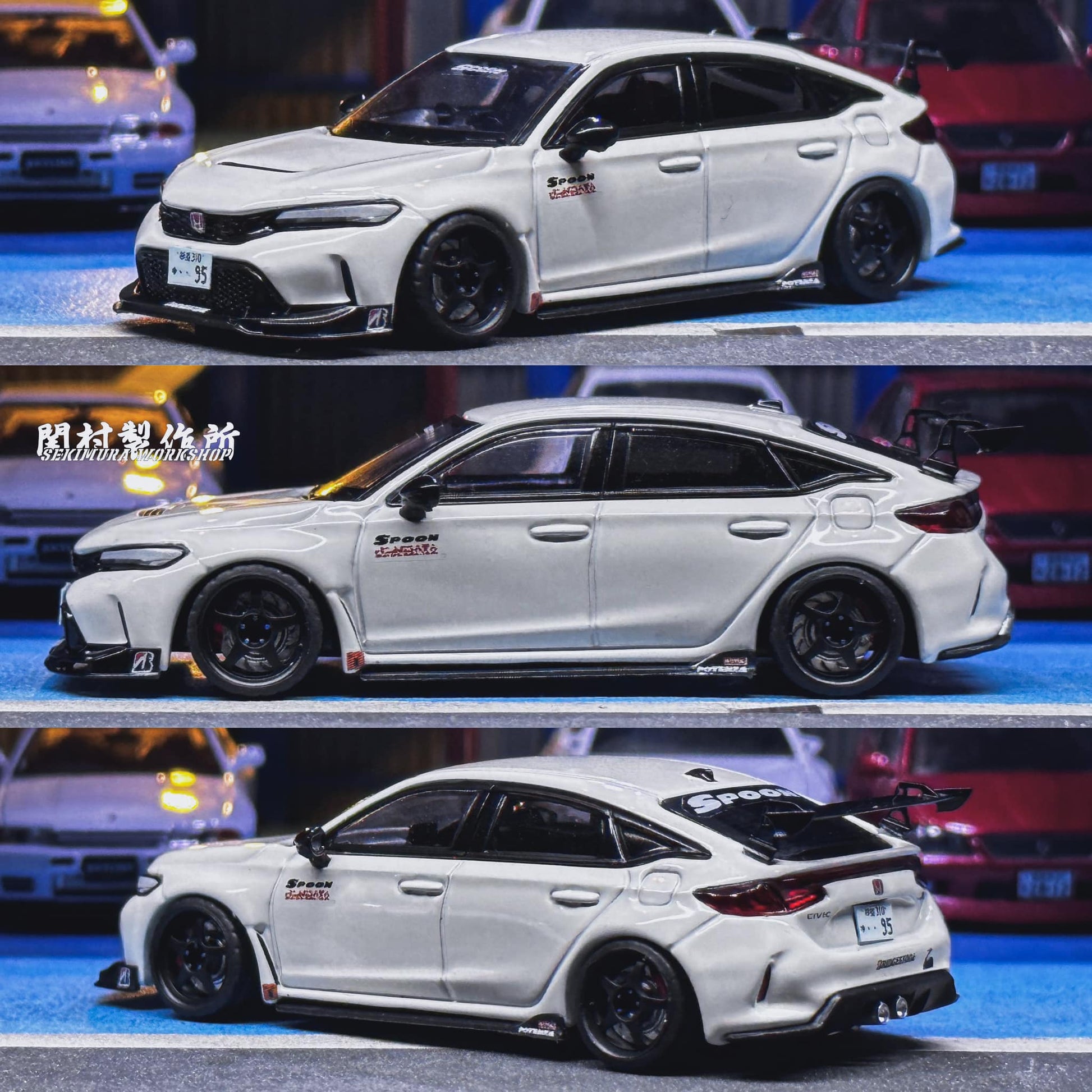White sport car model from side, rear, and front angles, black wheels