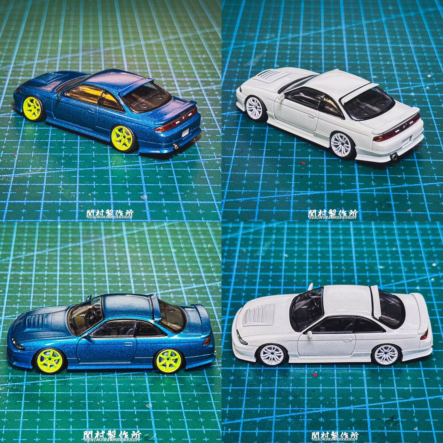 Blue and white sports car body kit models shown from multiple angles