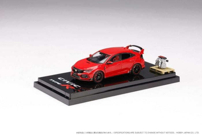 Flame Red Honda Civic Type R die-cast model on black base with engine display