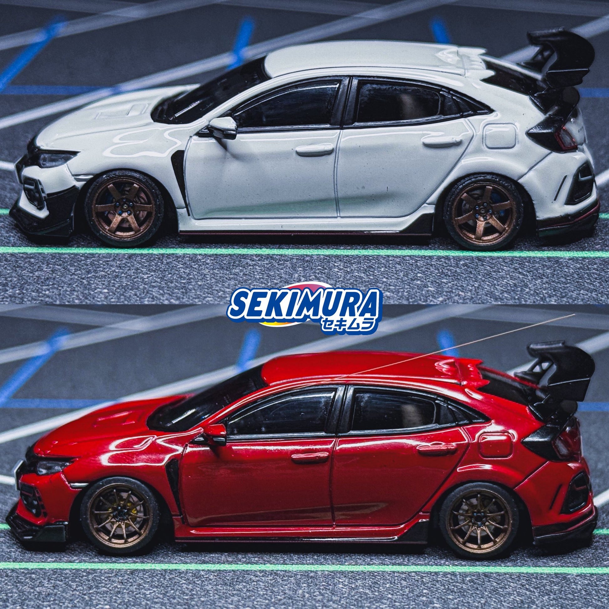 Side view of white and red sports car models with black lip kit