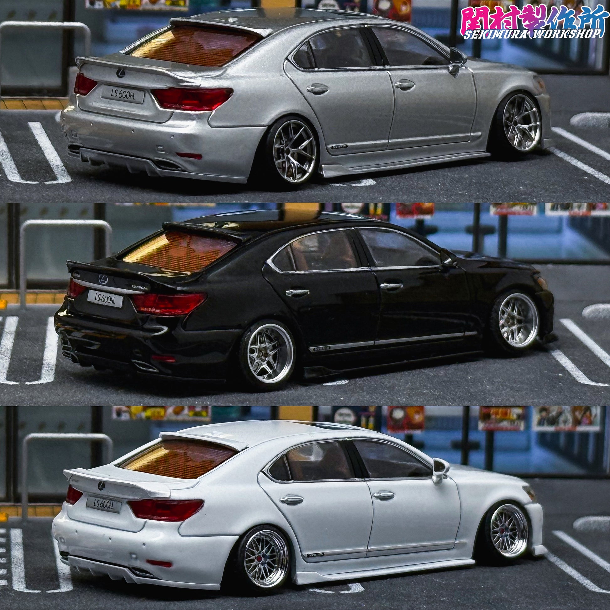LS600hL body kit model car, silver finish, rear three-quarter view