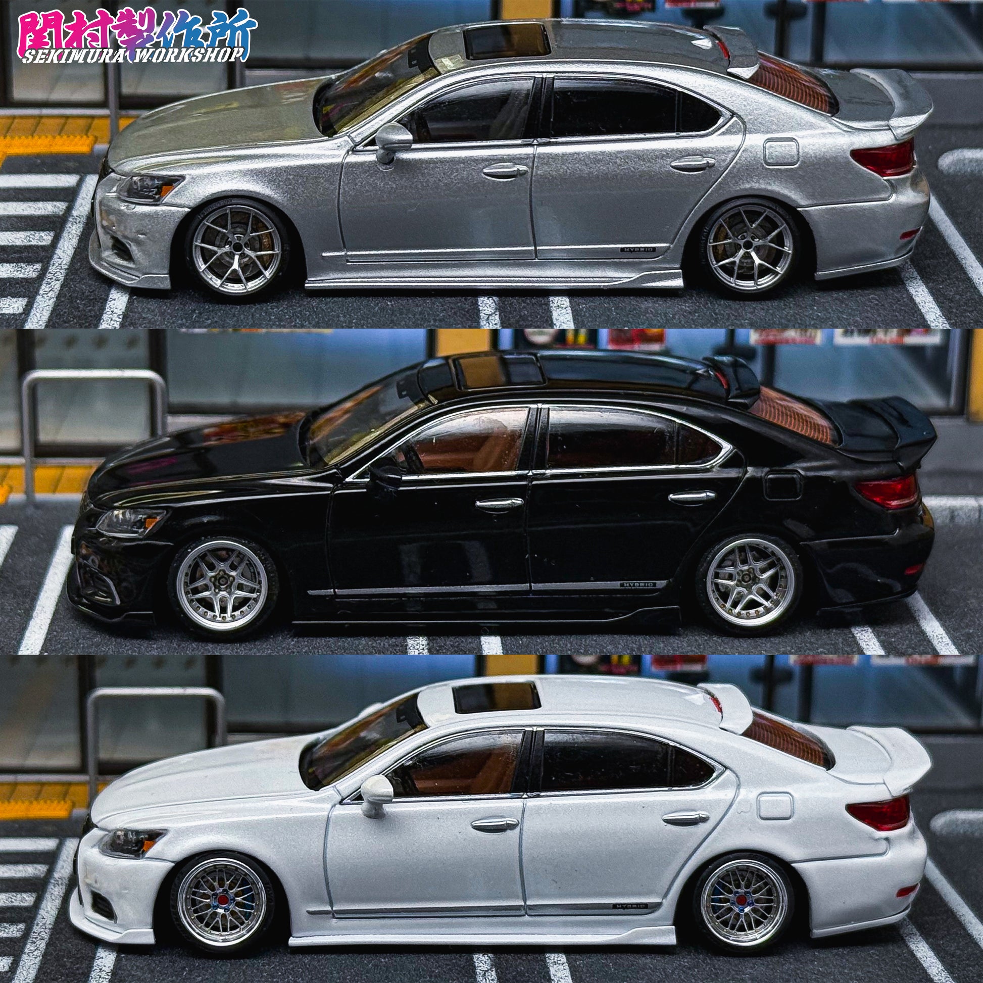 LS600hL body kit model car set, silver and black side views