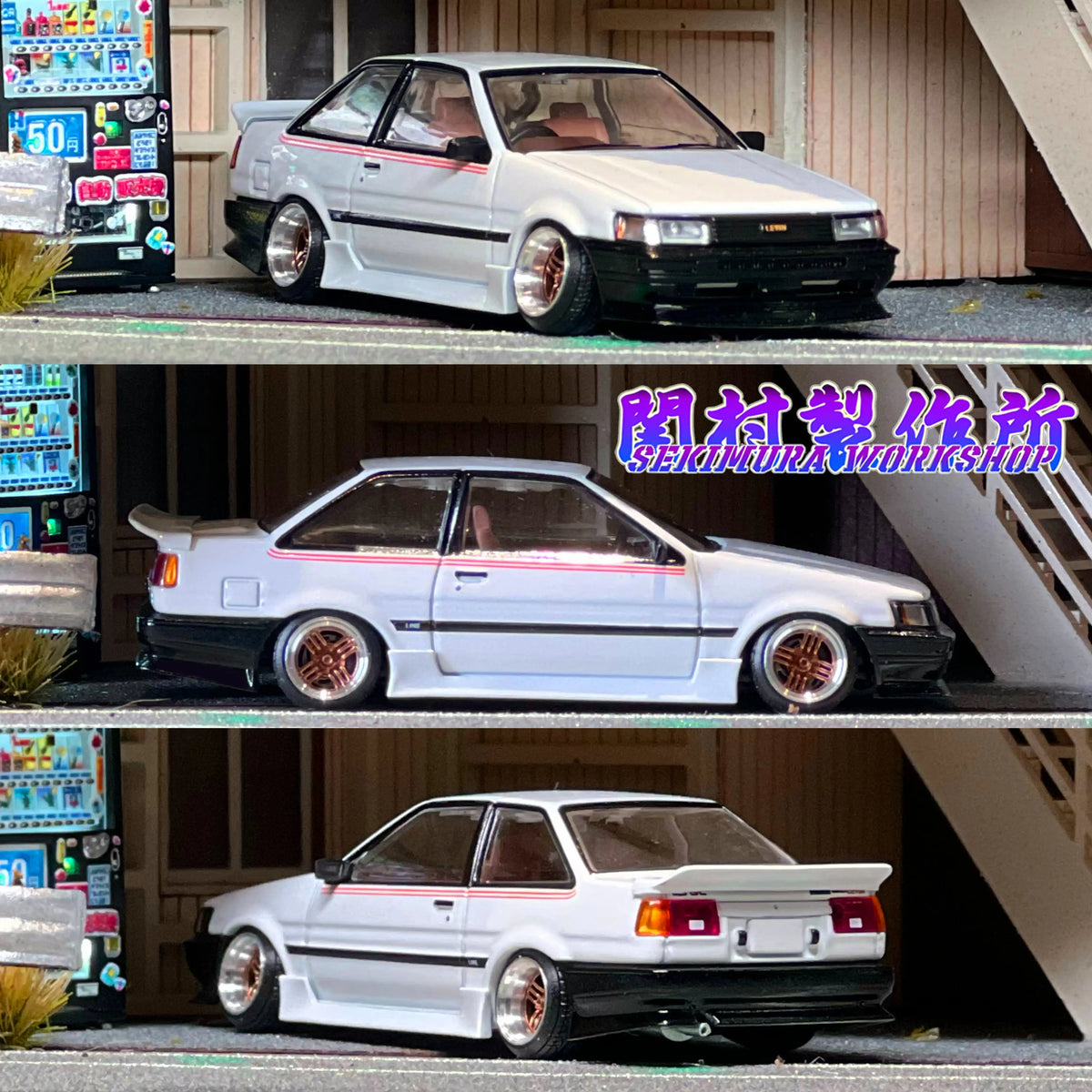 White Toyota LEVIN AE86 bodykit model car with side skirts, rear lip, and chrome wheels
