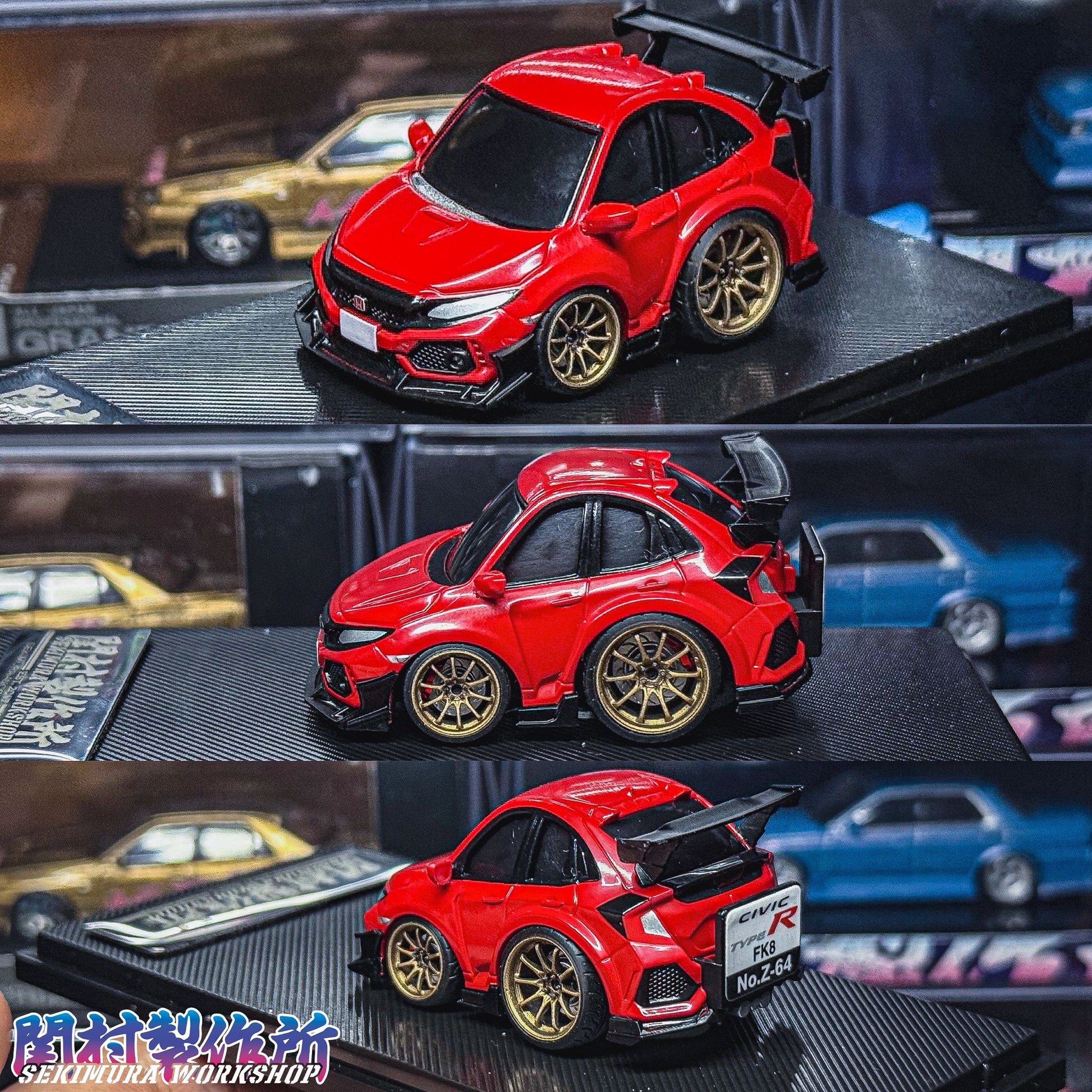 Red model car with black wing and aero lip, gold wheels in three views.