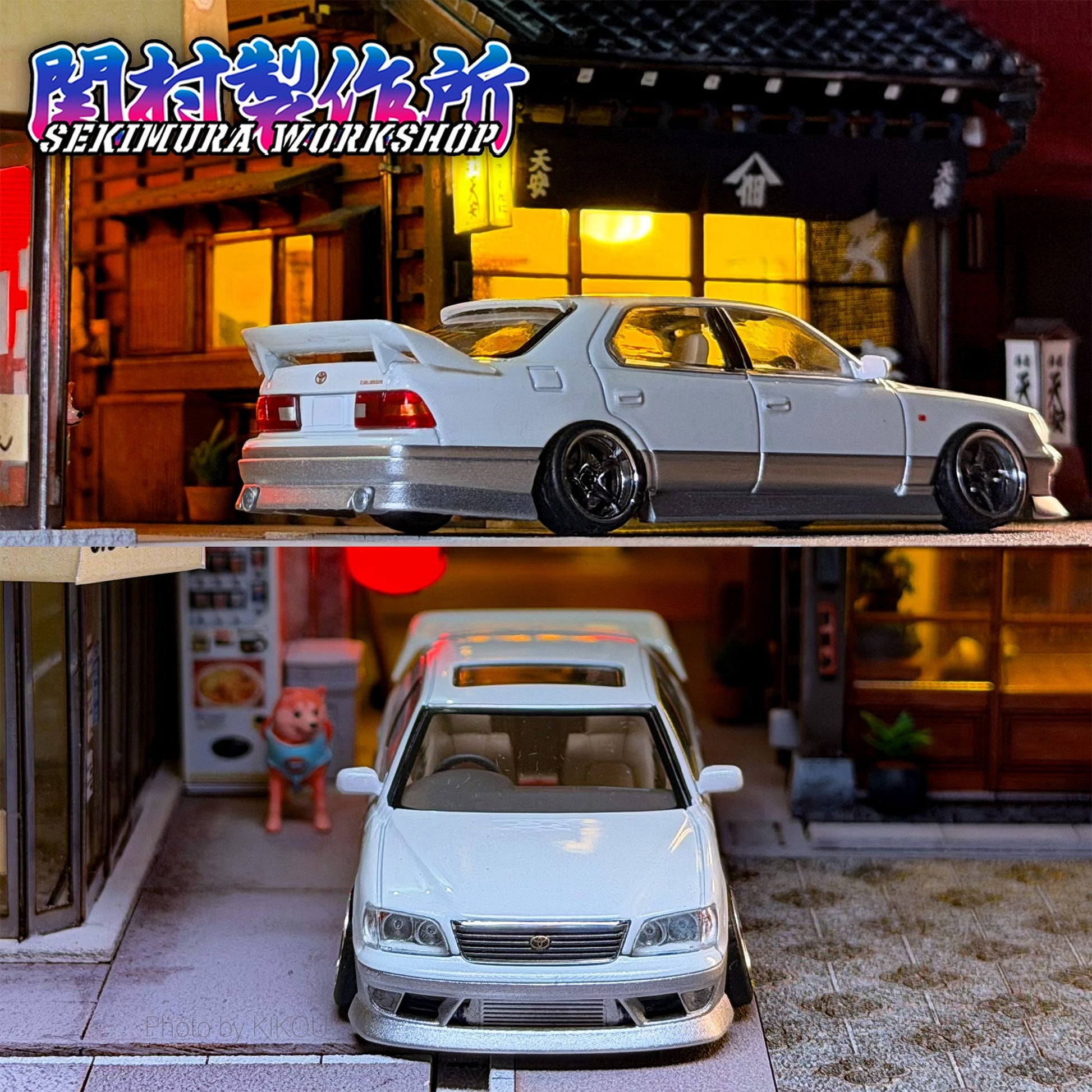 White model sedan body kit with rear bumper, trunk spoiler, and lowered wheels