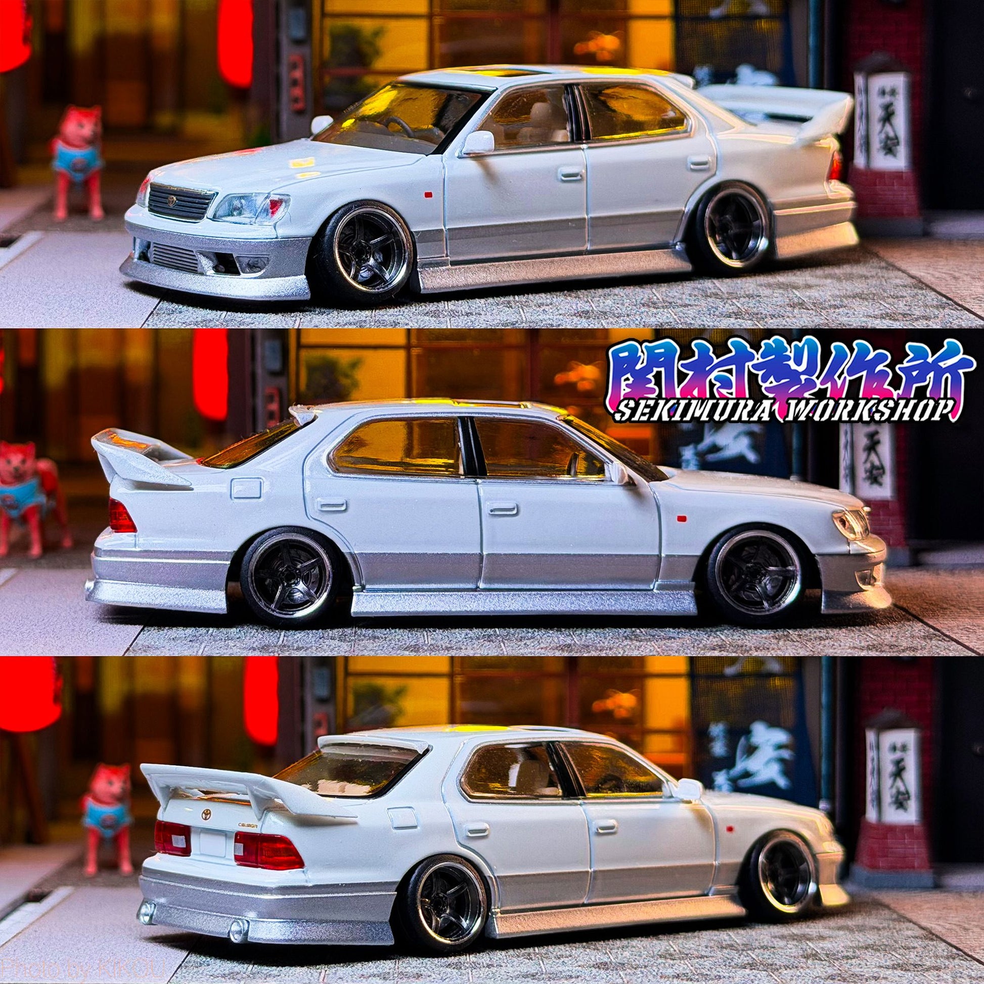 White model sedan body kit shown in side profile and rear-left view, lowered