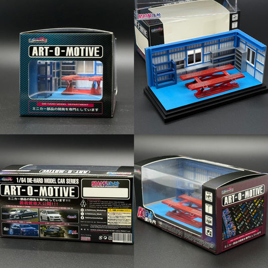 Sekimura 1/64 garage display box and mini garage set with blue walls and red tools