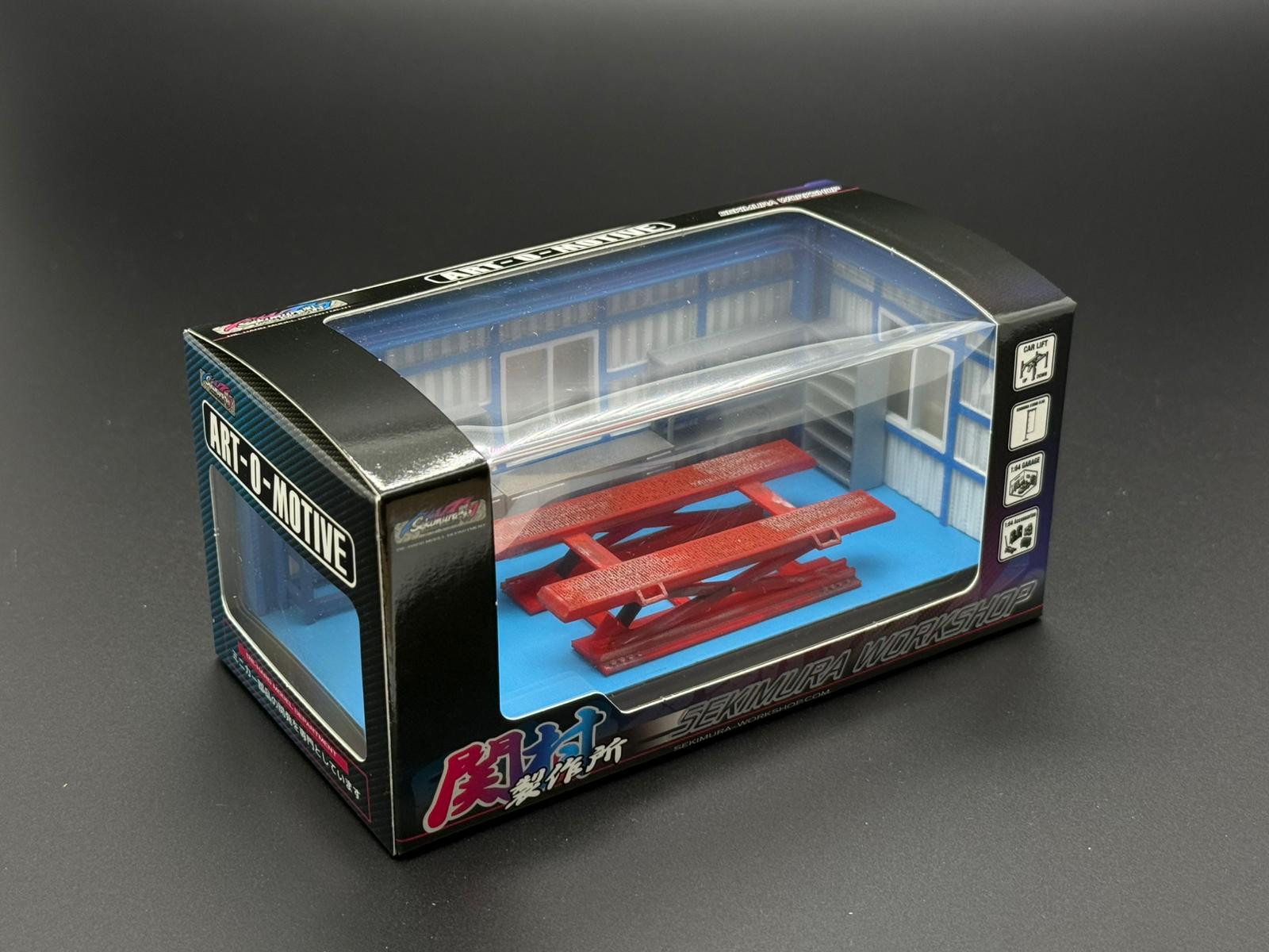 Sekimura 1/64 garage display box with clear window showing blue room and red lifts