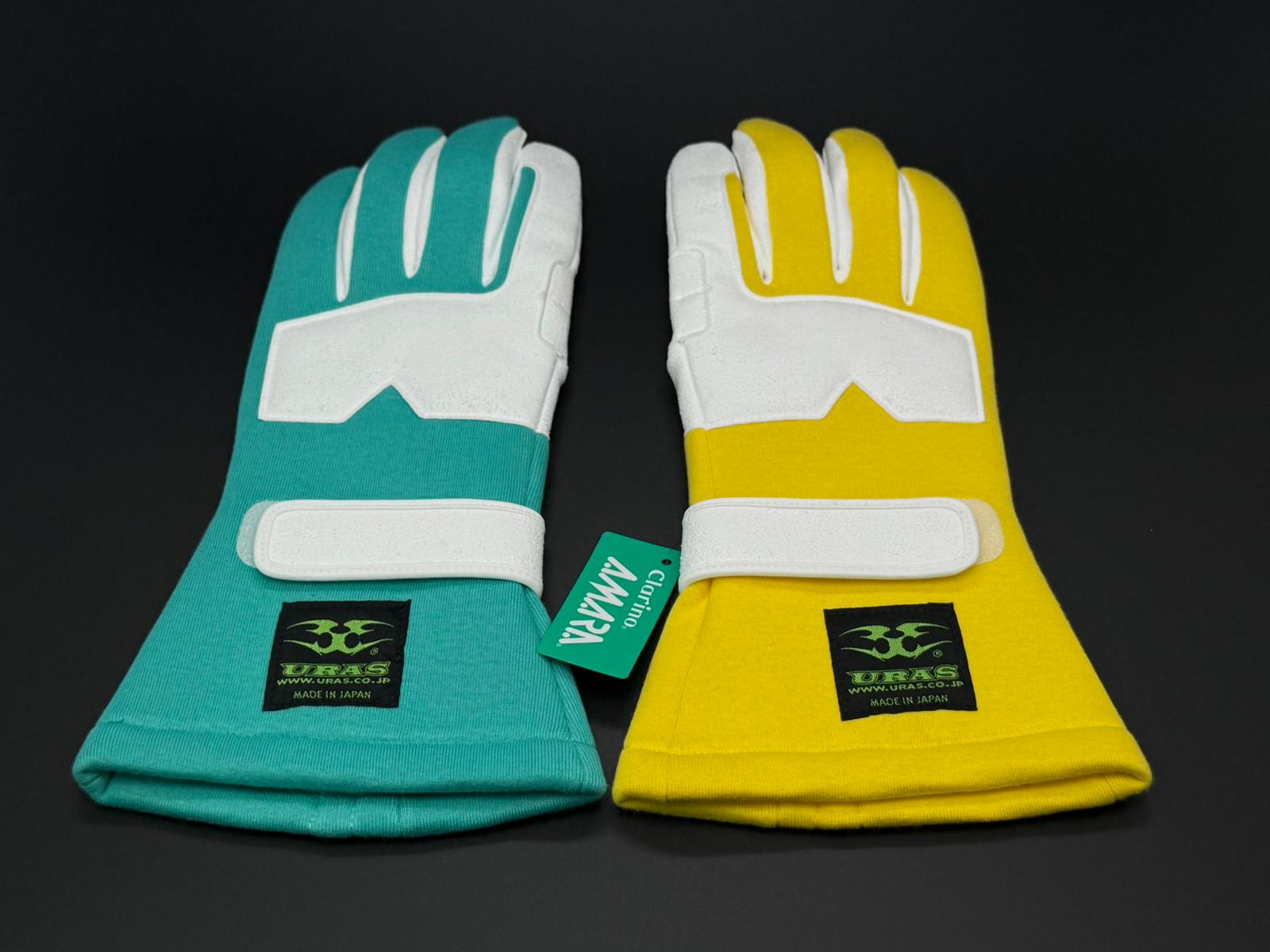 Racing gloves, yellow and green color-block with white palms and cuff strap