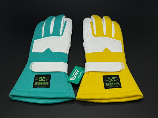 Racing gloves, yellow and green color-block with white palms and cuff strap