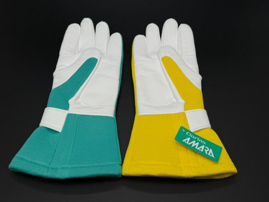 Racing gloves with white back, yellow and green panels, elastic cuff and logo patch