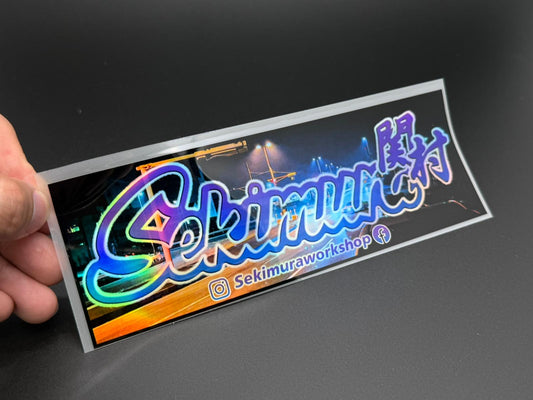 Hand-held Sekimura Original Type 4 sticker, rectangular with colorful logo text, 20x7 cm