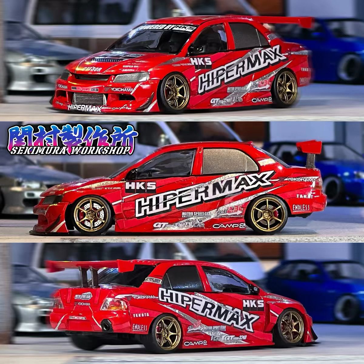Red HKS Hipermax style model car with large rear wing and gold wheels