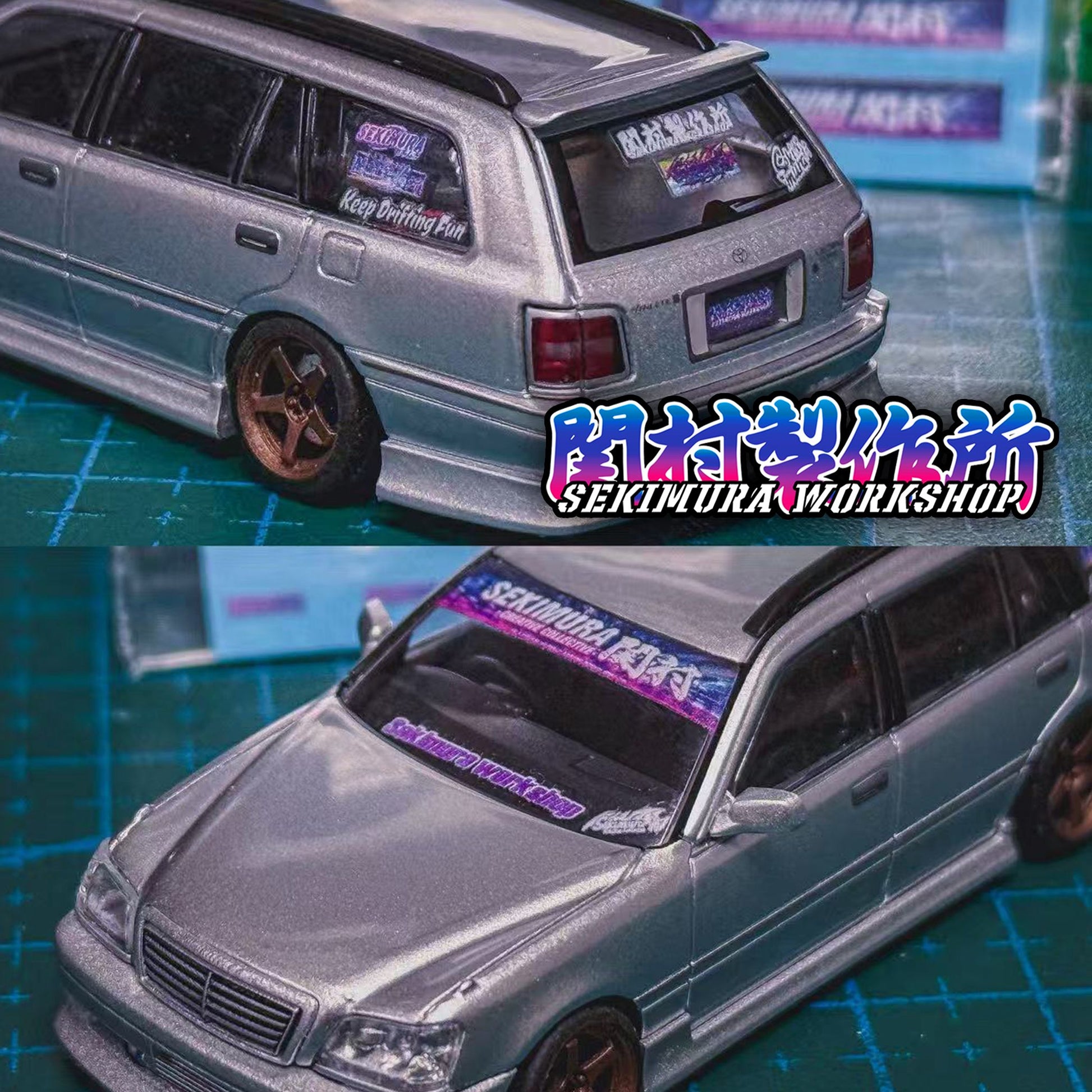Sekimura 1/64 decal set on gray model wagon, front and rear views