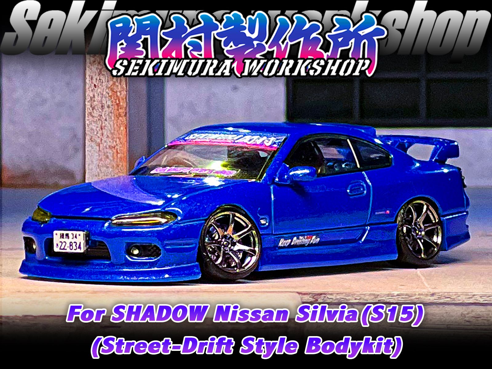 Blue sports car bodykit model with front lip and side skirts