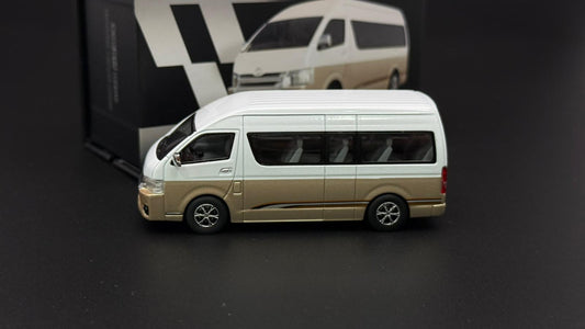 MASDI 1/64 Hi-roof Hiace die-cast van model, beige and white, side view