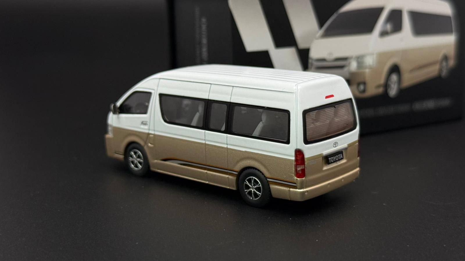 MASDI 1/64 Hi-roof Hiace die-cast van model, beige and white, rear view