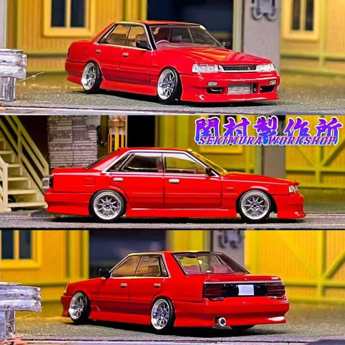Red modified sedan scale model with side skirts and rear spoiler