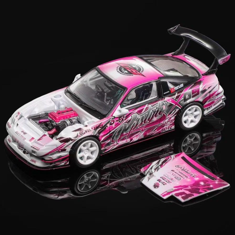 1/64 scale 200SX toy car in pink and white with open engine bay detail