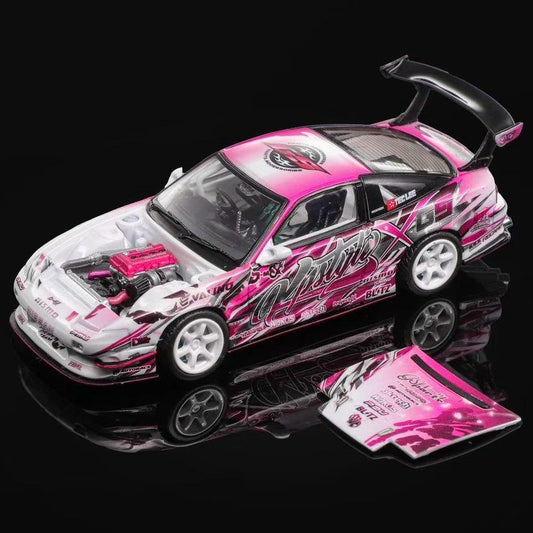 1/64 scale 200SX toy car in pink and white with open engine bay detail