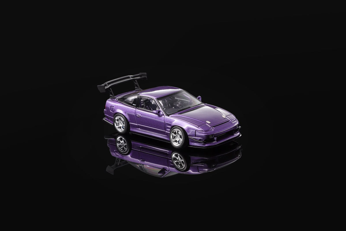 Purple 1/64 scale sports car model, front-right view with hood scoop