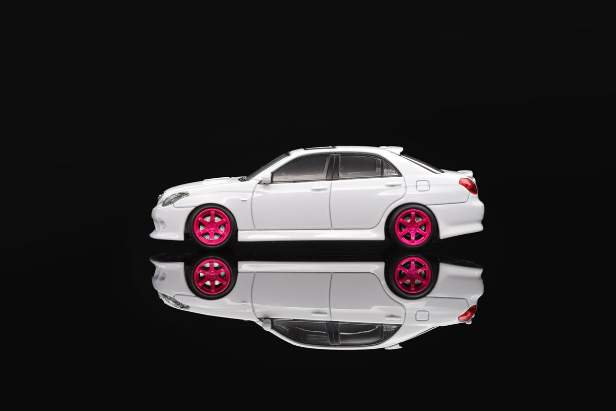 White 1/64 die-cast sports car model with pink wheels, side view