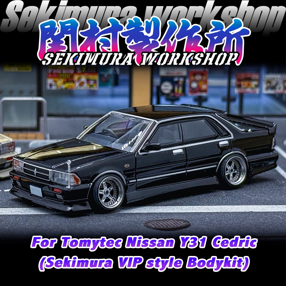 Black Nissan Y31 Cedric model with Sekimura VIP bodykit, deep-dish wheels and rear spoiler