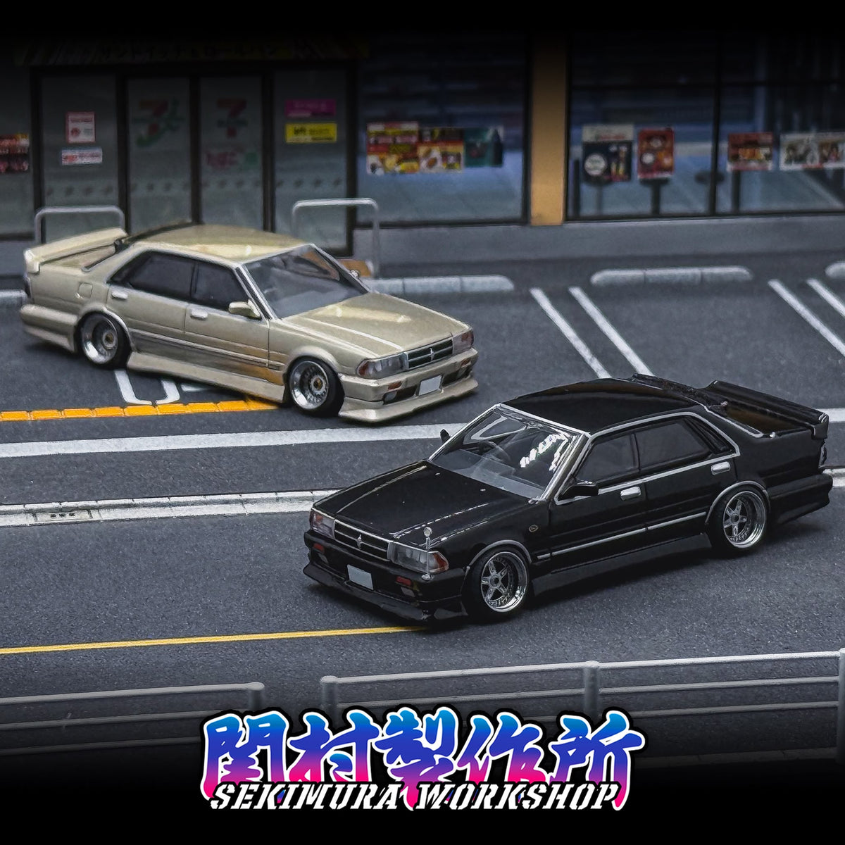 Silver and black Nissan Y31 Cedric models with lowered VIP bodykits, seen from above