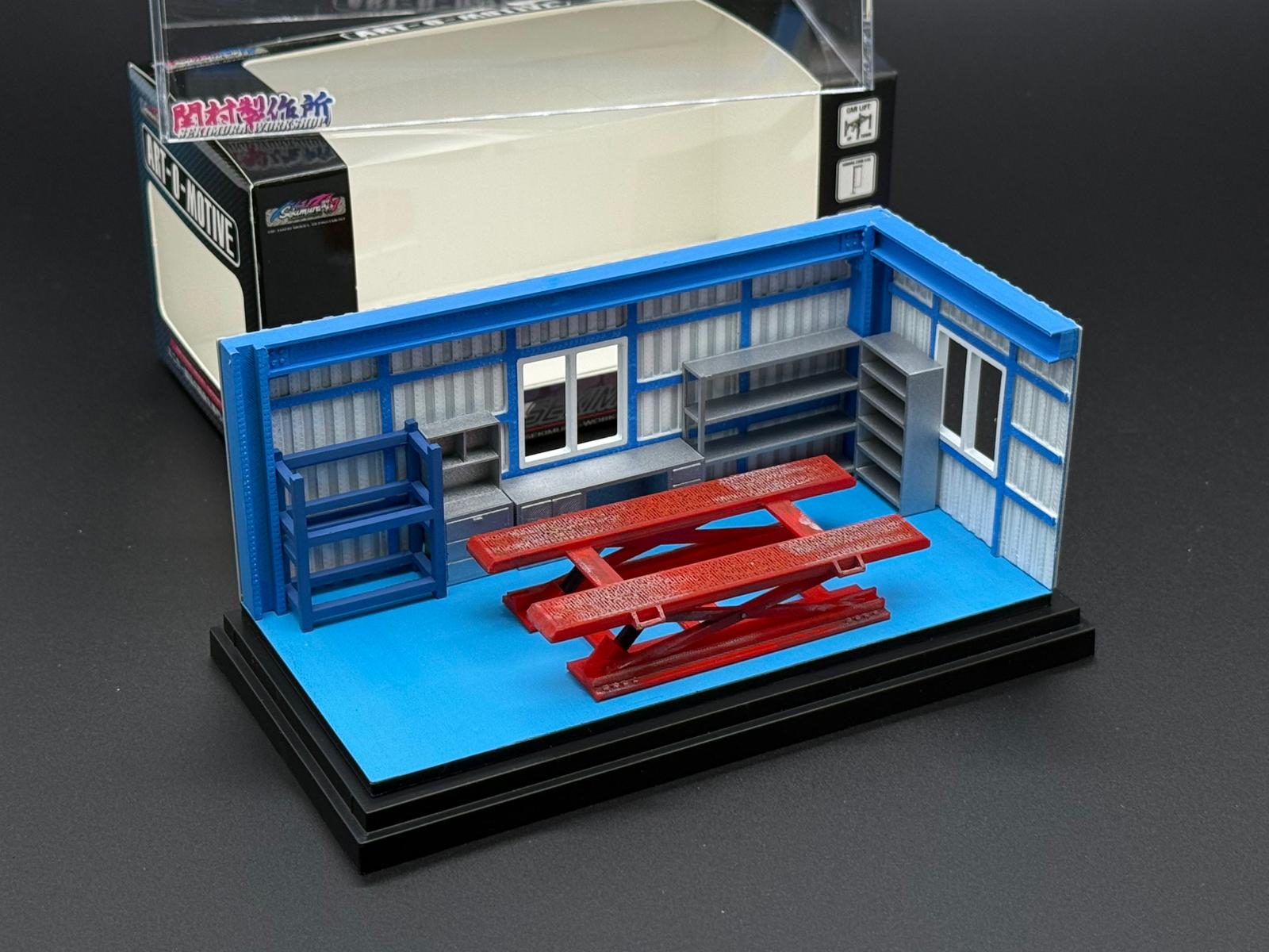 1/64 garage display set with blue walls, gray windows, and red lift on base
