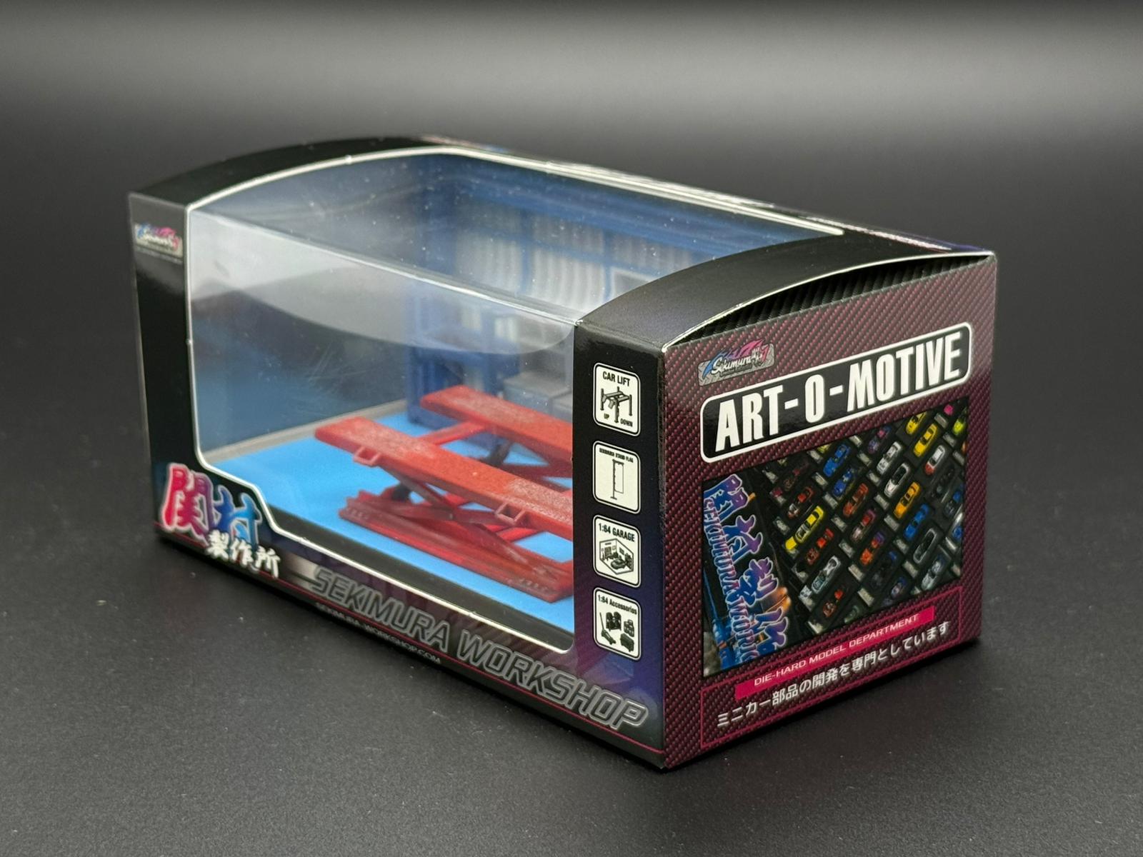 Sekimura 1/64 garage display box with clear window, blue interior and red work area