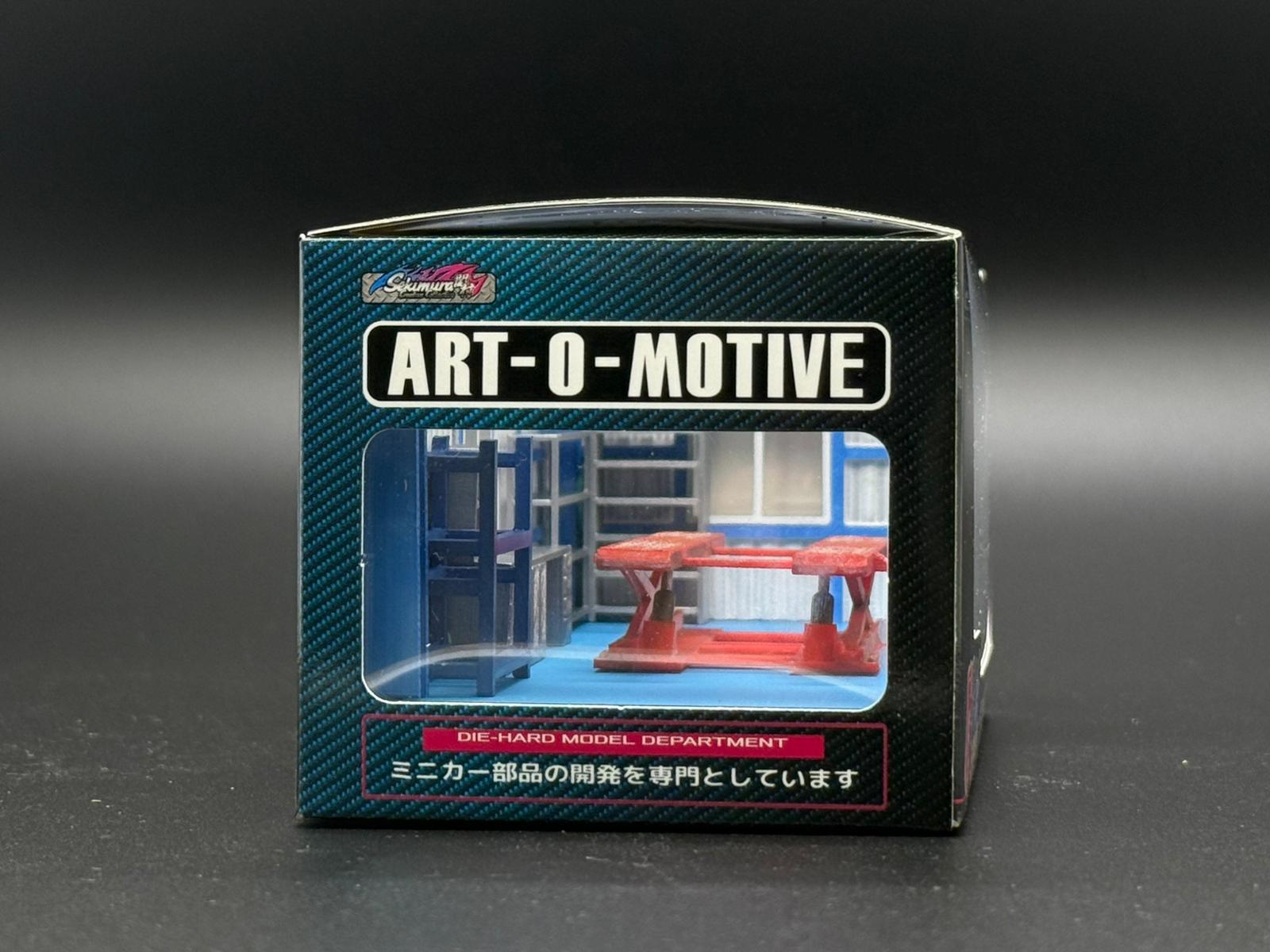 Sekimura 1/64 garage display box with clear window showing blue shop and red lift