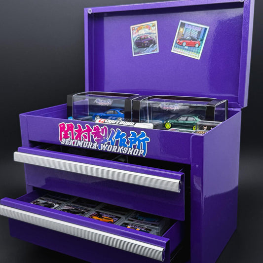Purple Sekimura tool storage box open with clear compartments and side drawers