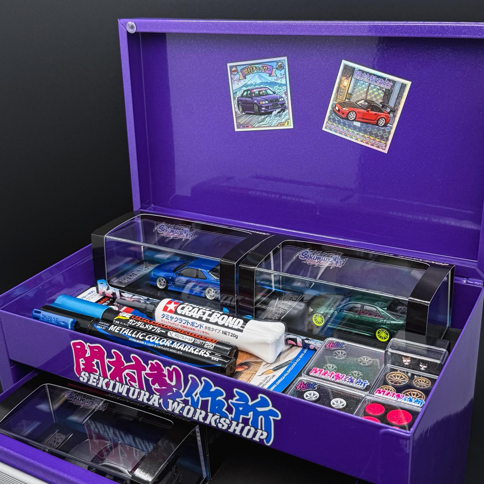 Purple Sekimura tool storage box open with clear bins, markers, and small parts
