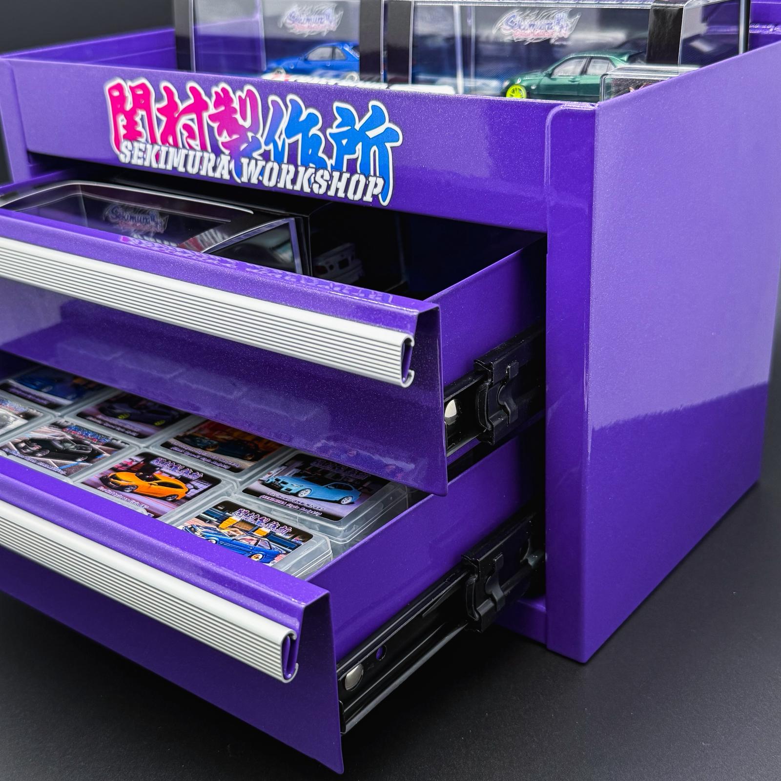 Purple Sekimura tool storage box with two open drawers and silver rail bars