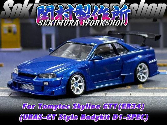 Blue ER34 2-door model car with URAS Type-GT D1 bodykit, front splitter and rear wing