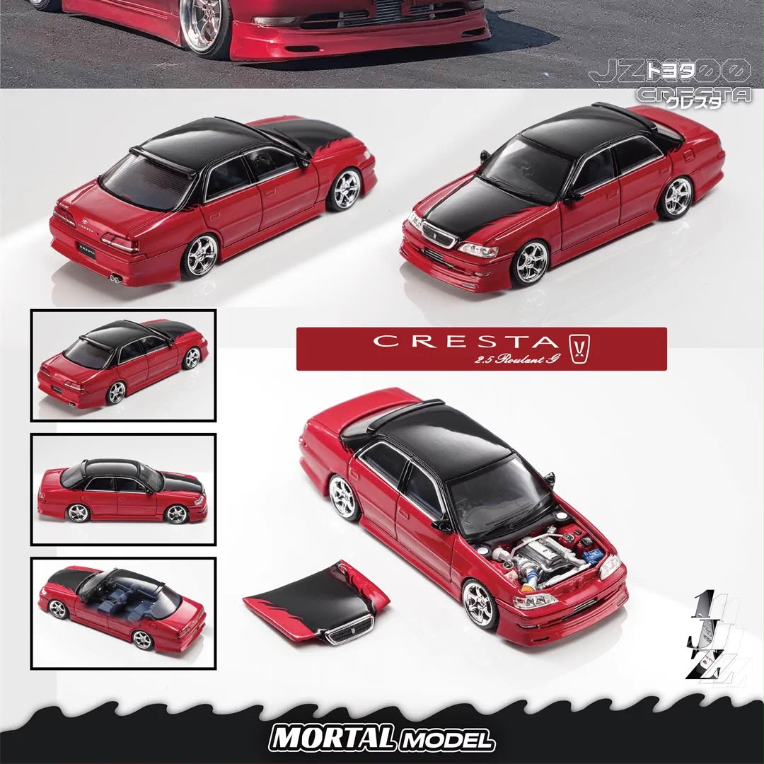 Red 1/64 Toyota JZX100 Cresta model car with open hood and black interior