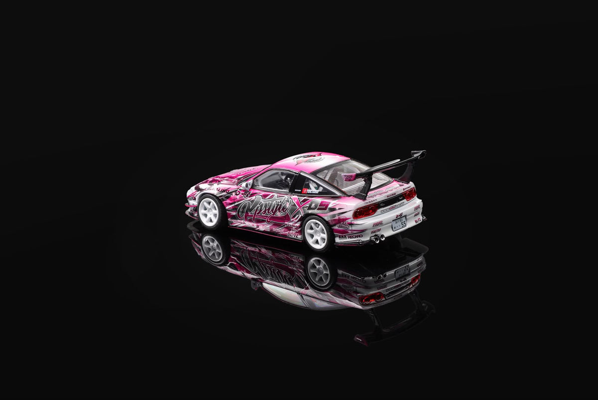 1/64 scale 200SX toy car, rear 3/4 view, pink and white racing stripes