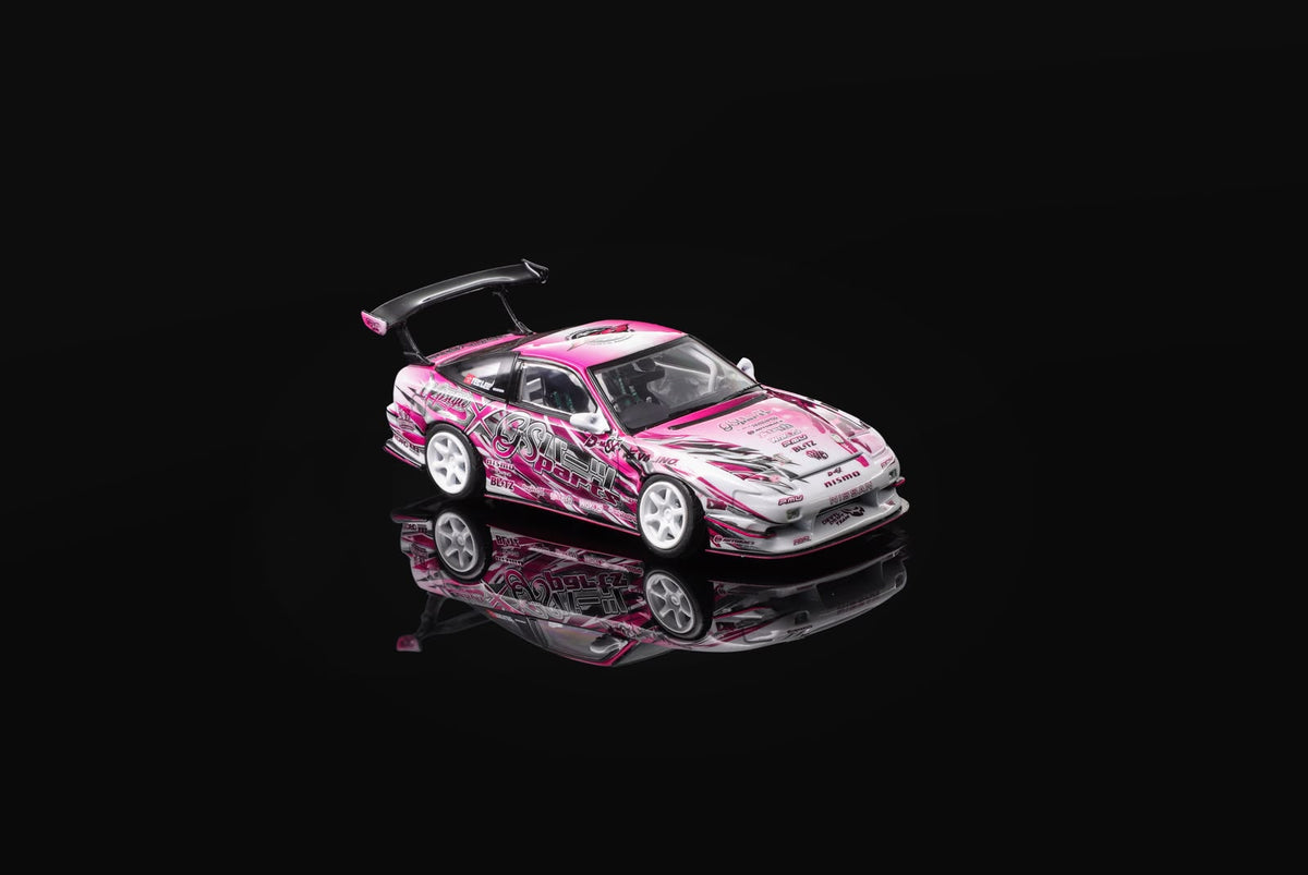 1/64 scale 200SX toy car, front 3/4 view, pink and white graphics