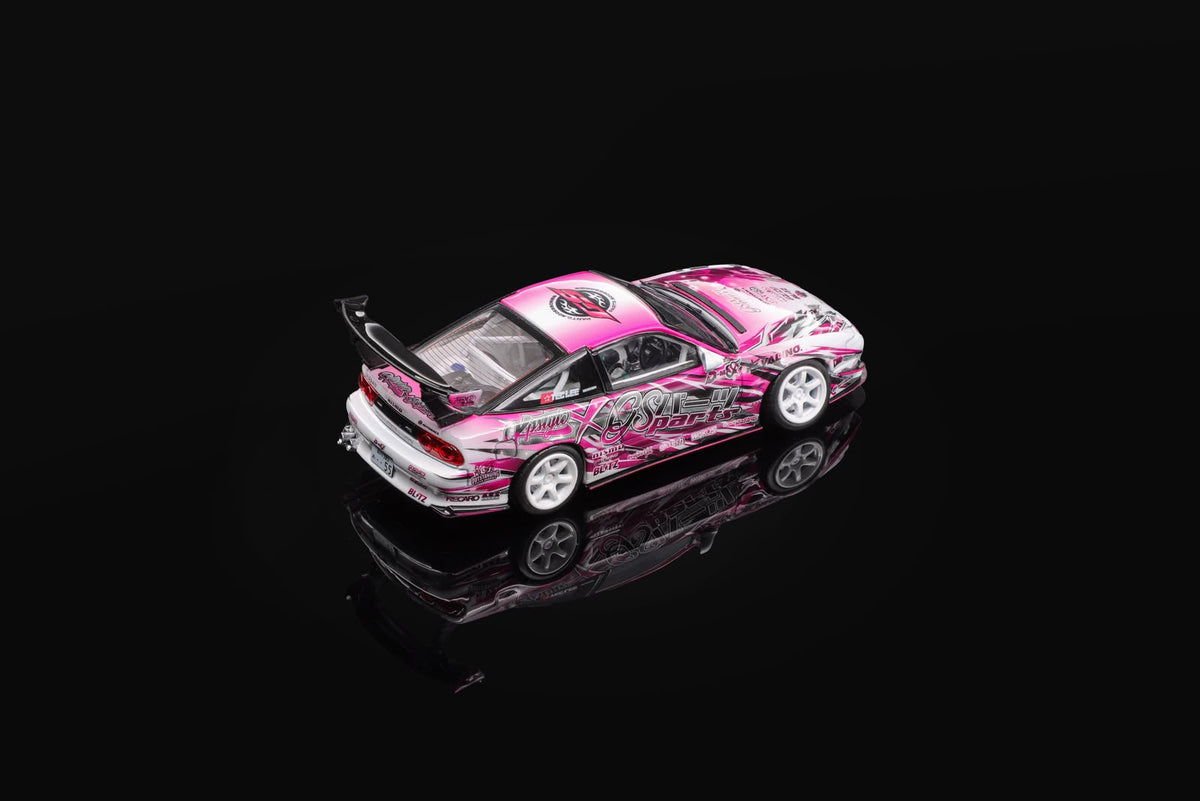 1/64 scale 200SX toy car, side view, pink and white racing livery