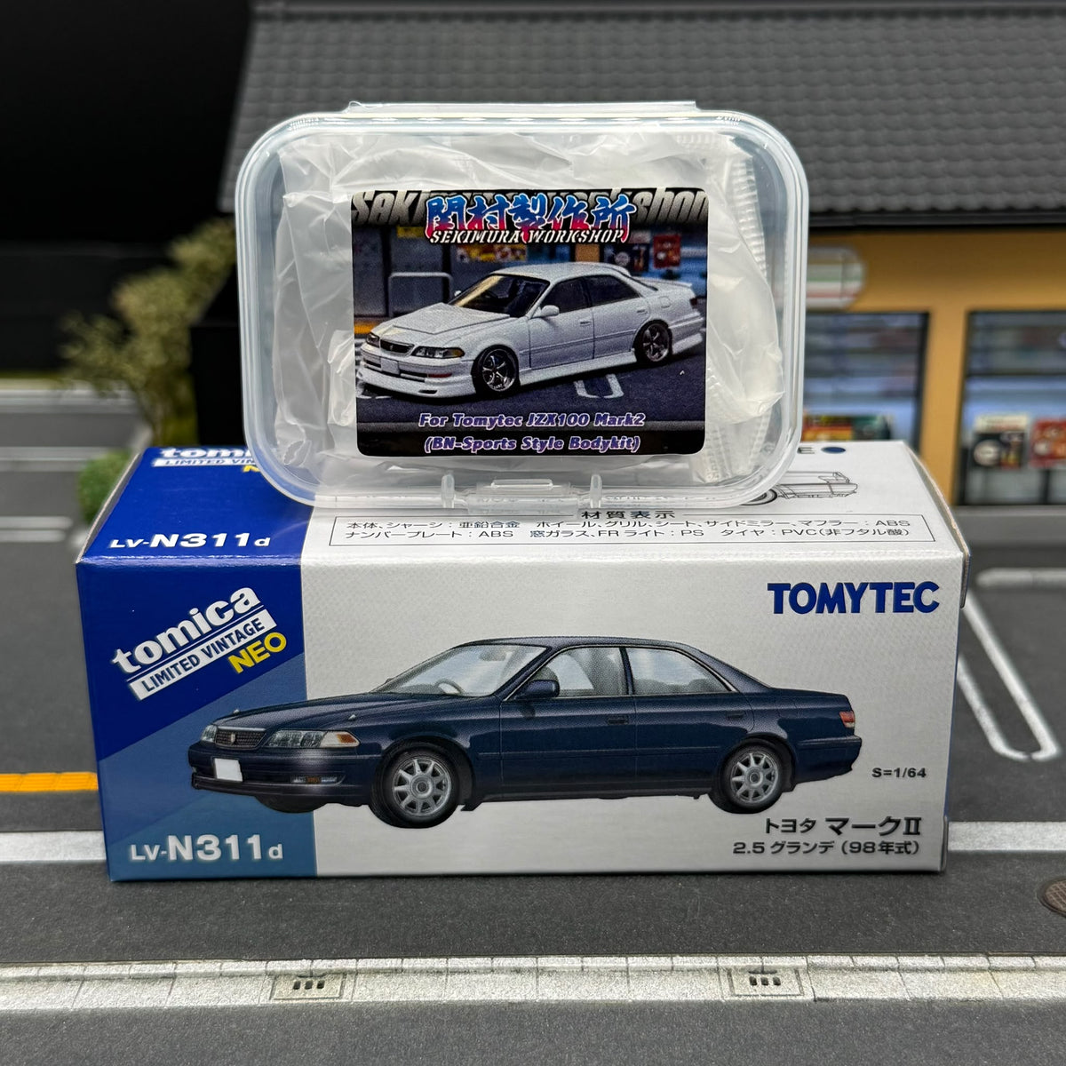 BN-style body kit for Tomytec JZX100 Mark II, packaged with a dark blue model car